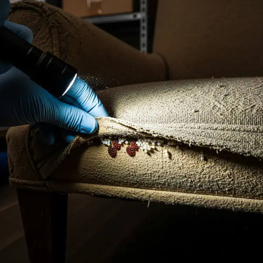 Close-up of a gloved hand revealing bed bug stains and eggs hidden in the fabric seam of a used piece of furniture.