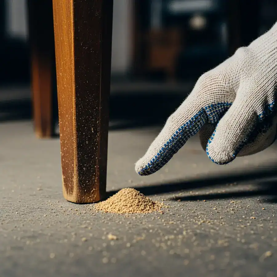 Close-up of a gloved hand showing sawdust-like frass powder at the base of a wooden furniture leg during an inspection.