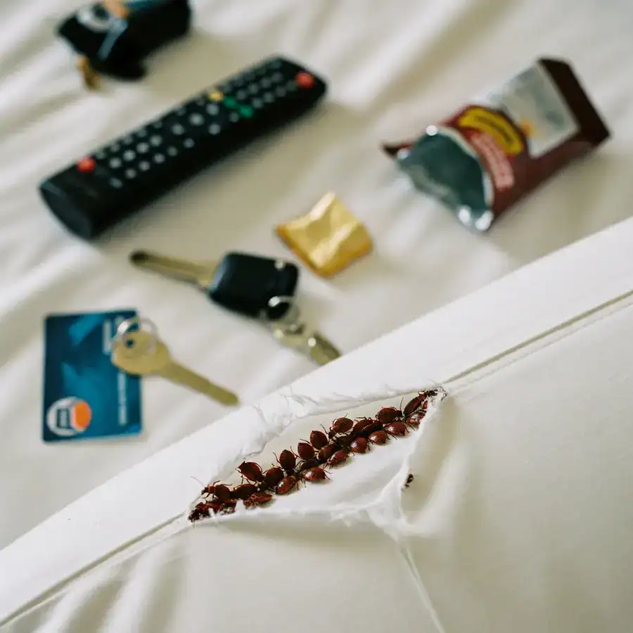Close-up of bed bug eggs clustered in mattress seam under magnification, hotel room clutter visible in background.