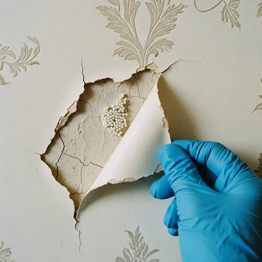 Close-up of mattress corner revealing bed bugs; hand peels back fabric in dimly lit hotel room.

A flashlight beam illuminates a line of tiny black fecal stains along the seam of a cheap hotel headboard. The rough, faux-wood texture of the headboard is visible under the light. Documentary handheld shot on 35mm film, f/2.8, slight organic film grain, sharp focus. Raw, high-contrast lighting.