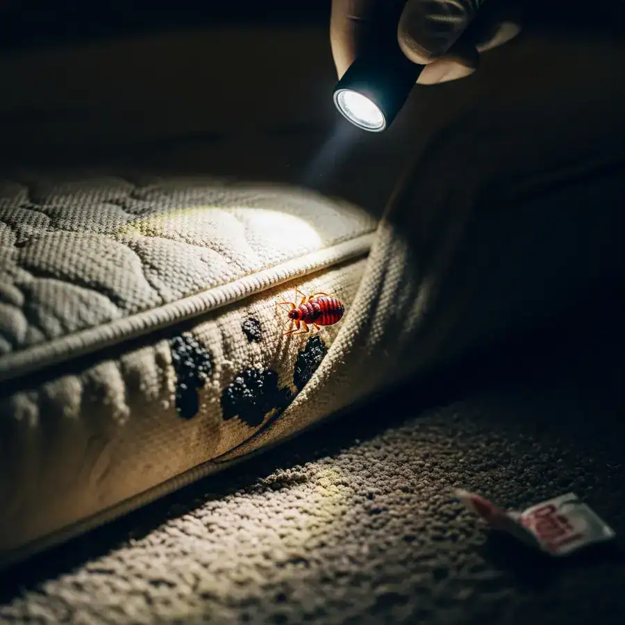 Close-up of stained mattress. Technician reveals bed bug evidence with flashlight. Hotel room floor is dusty and littered.
