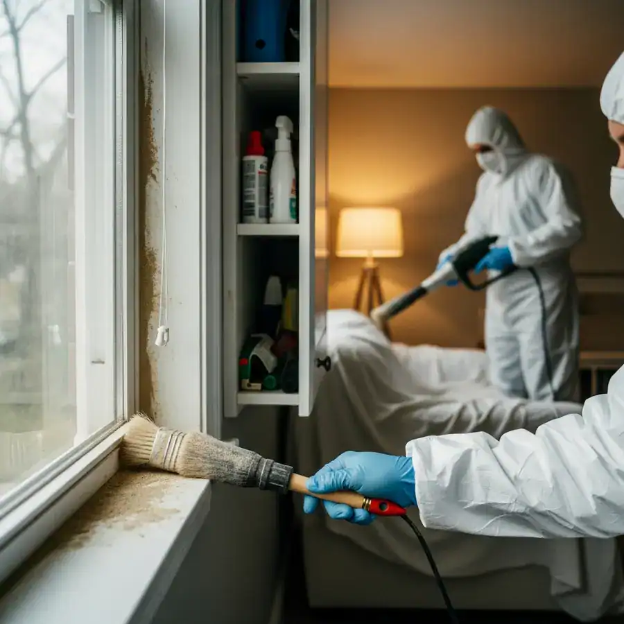 Close-up of a gloved hand illuminating CimeXa dust along a basement baseboard. Cracks & cobwebs add to the undisturbed setting.

A partially obscured N95 mask covers the lower half of a face as someone applies CimeXa with a hand duster in a cluttered storage room. Cardboard boxes, old clothes, and plastic containers fill the background. Documentary-style handheld shot on 35mm film, f/2.8, slight organic film grain, sharp focus on the CimeXa application. Soft, cold light from a nearby window.