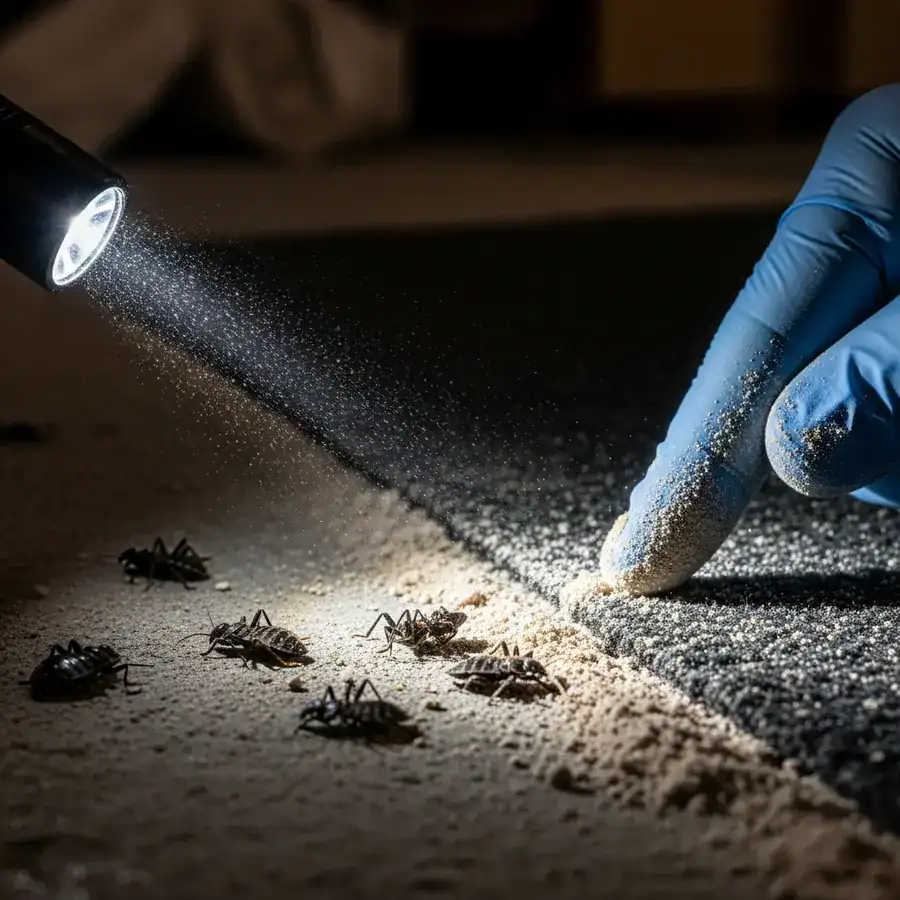 Close-up of CimeXa powder being applied to baseboard crack in a cluttered, dimly lit basement.
