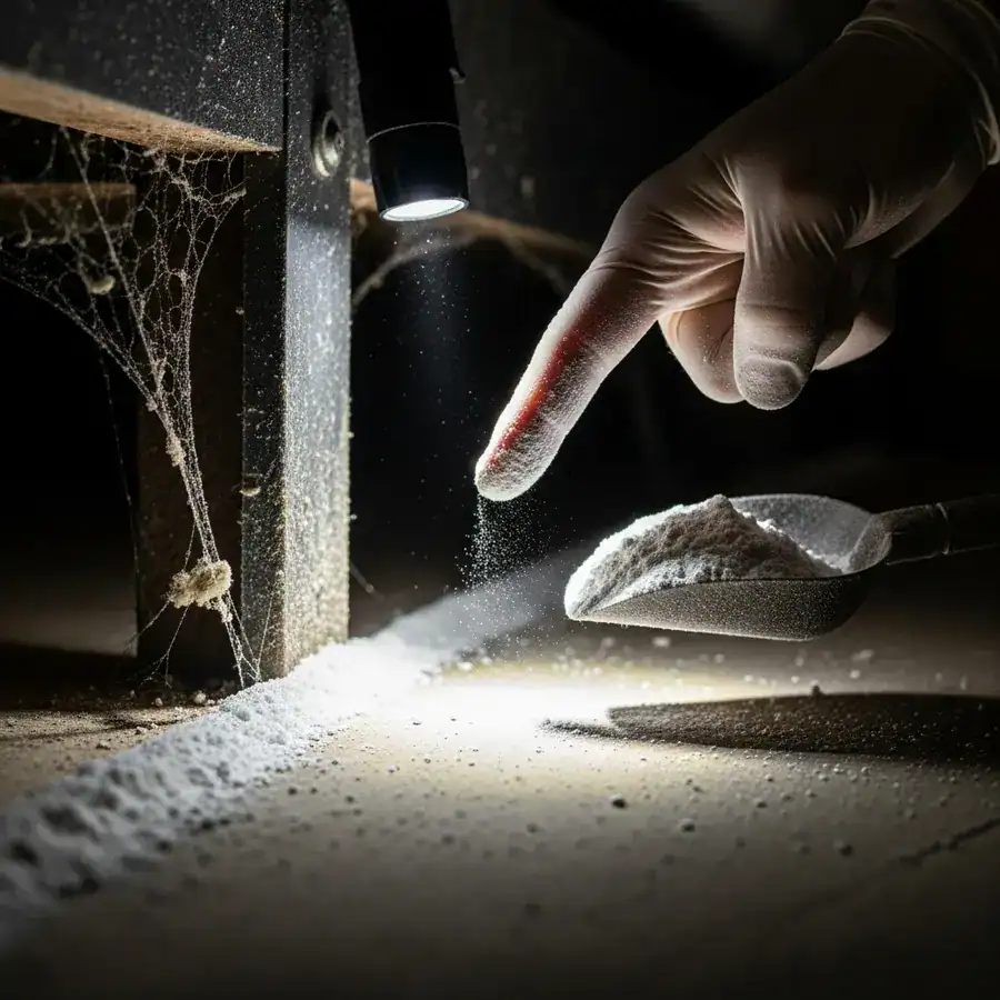 Close-up of a gloved finger indicating CimeXa dust application along a shadowed, cobweb-filled basement foundation.

A flashlight beam illuminates a clump of CimeXa clinging to the leg of a bed frame, showcasing the porous texture. The floorboards are cracked and dusty. Documentary-style handheld shot on 35mm film, f/2.8, organic film grain, sharp focus on the CimeXa. High-contrast lighting from the flashlight.