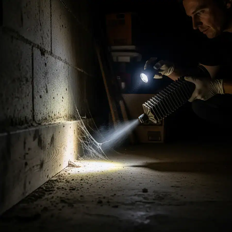 Close-up of duster applying CimeXa along baseboard. Fine dust spraying into crevices. Dimly lit, cluttered basement corner.