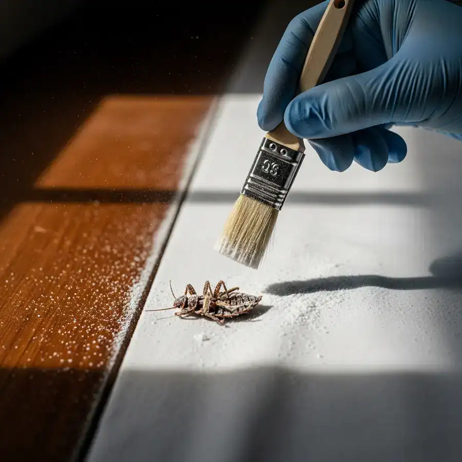 Close-up of DE powder. Flashlight reveals dust, debris around the baseboard application.