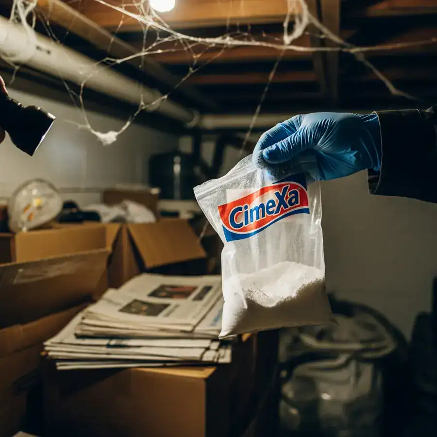 Close-up of a hand holding a dusty Diatomaceous Earth bag in a dimly lit, cluttered basement during a pest control inspection.

A technician's hand sprinkles a thin layer of Diatomaceous Earth along a dusty baseboard, a cracked and peeling paint revealing older layers underneath. The dim light from a basement window barely illuminates the scene. Documentary-style handheld shot on 35mm film. Aperture f/2.8. Slight organic film grain, sharp focus on the hand and baseboard. Soft, cold light from the window.