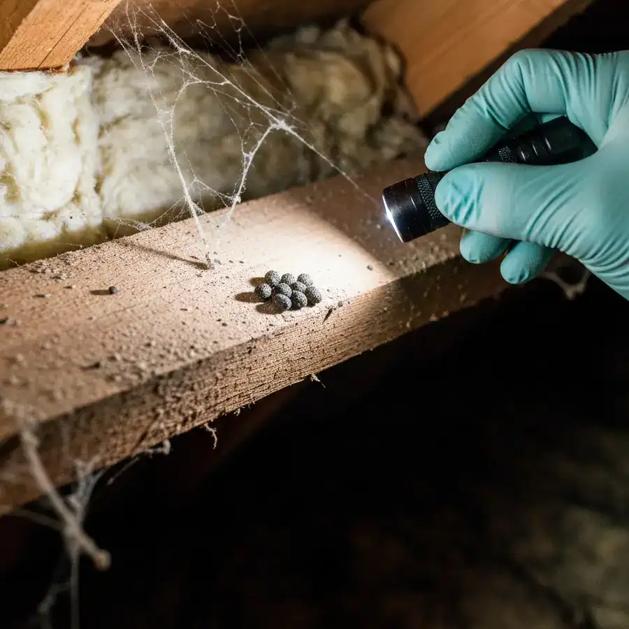 Gloved hand shining a flashlight on rodent droppings along a dusty wooden beam in a dark crawlspace.