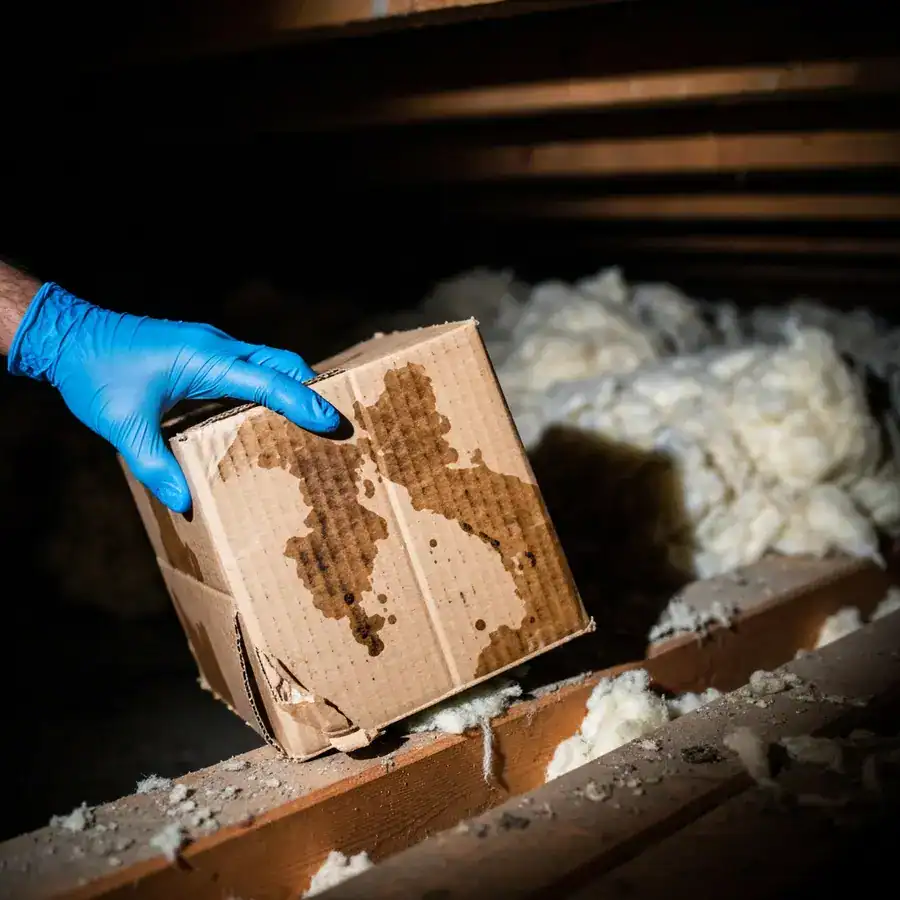 Gloved hand lifting a stained cardboard box from a dark attic floor surrounded by dusty insulation.