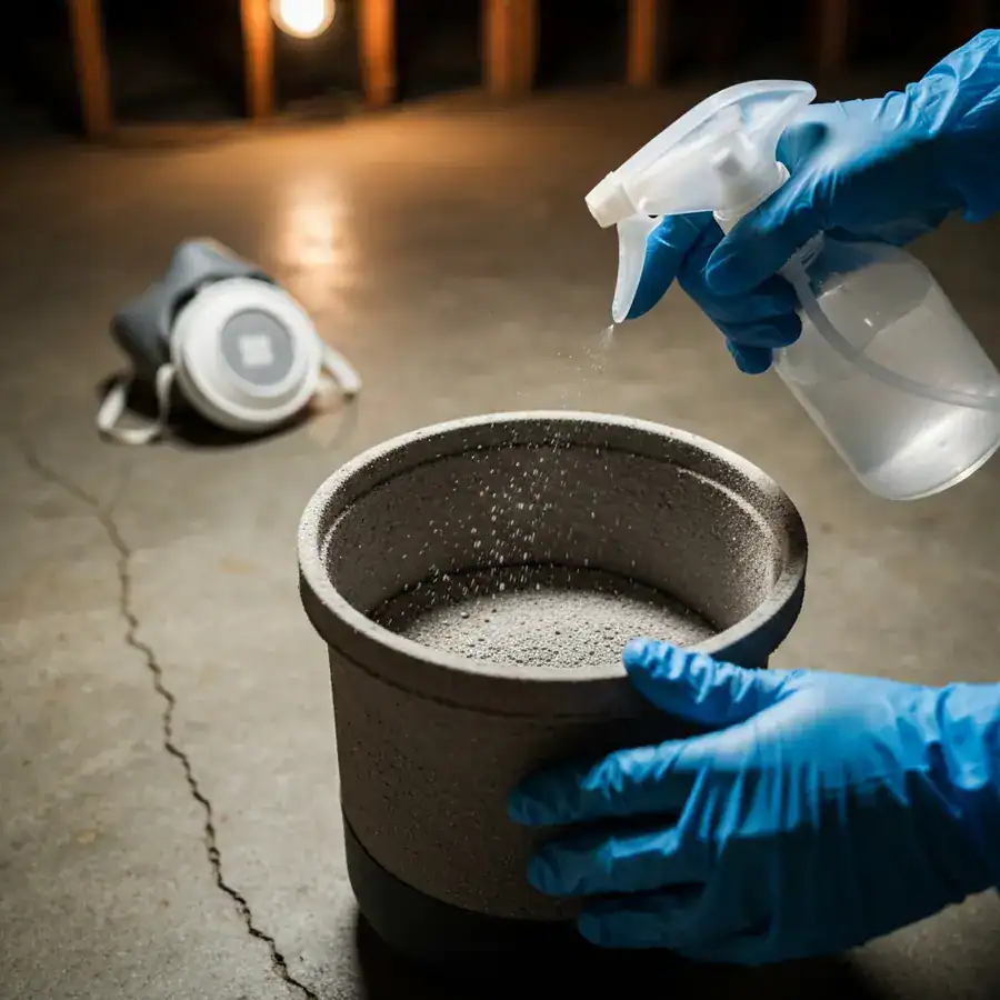 Gloved hands spraying bleach solution into a dusty vacuum canister on a concrete basement floor.
