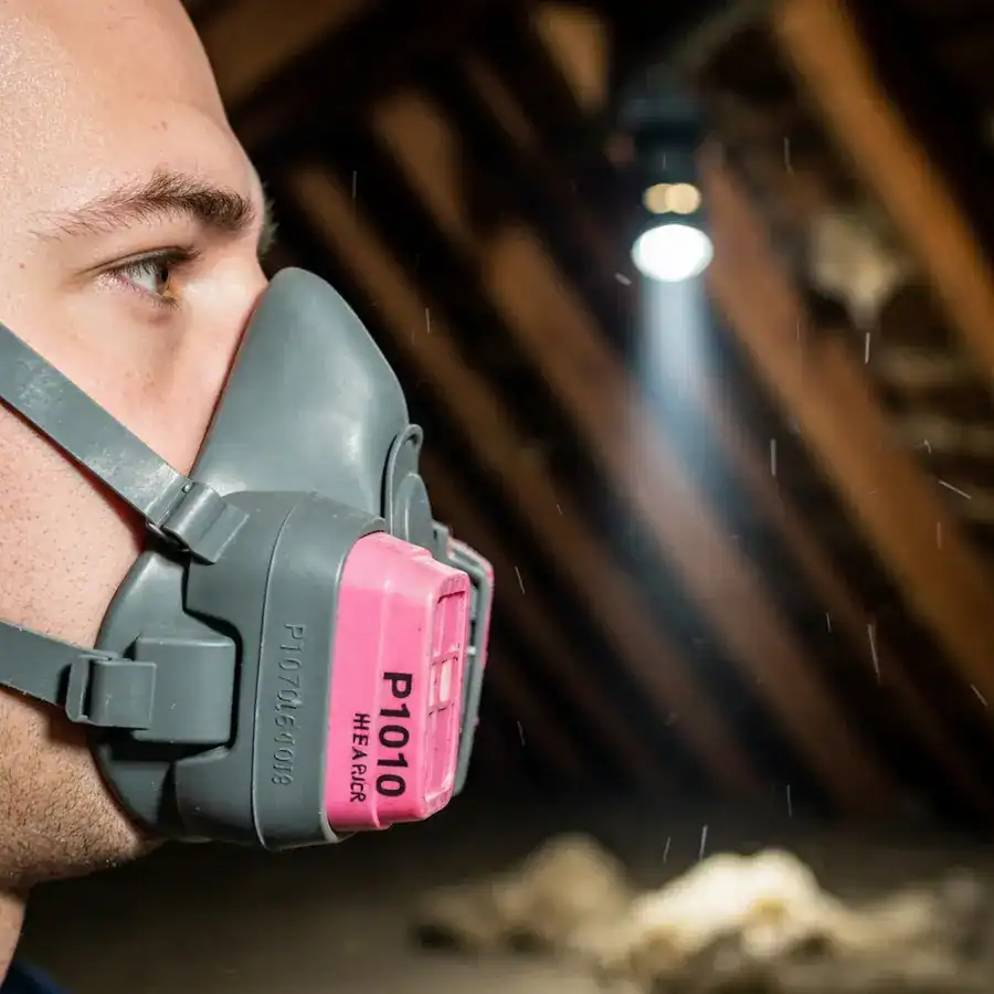 Close-up of an elastomeric respirator seal on a technician's face in a dusty, dimly lit attic crawlspace.
