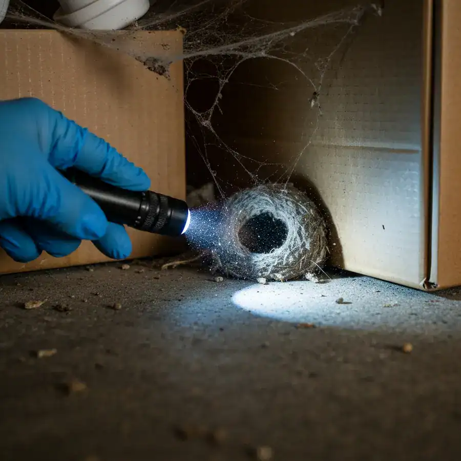 Blue-gloved hand shines a flashlight on a dusty mouse nest behind cardboard boxes on a dark garage floor.