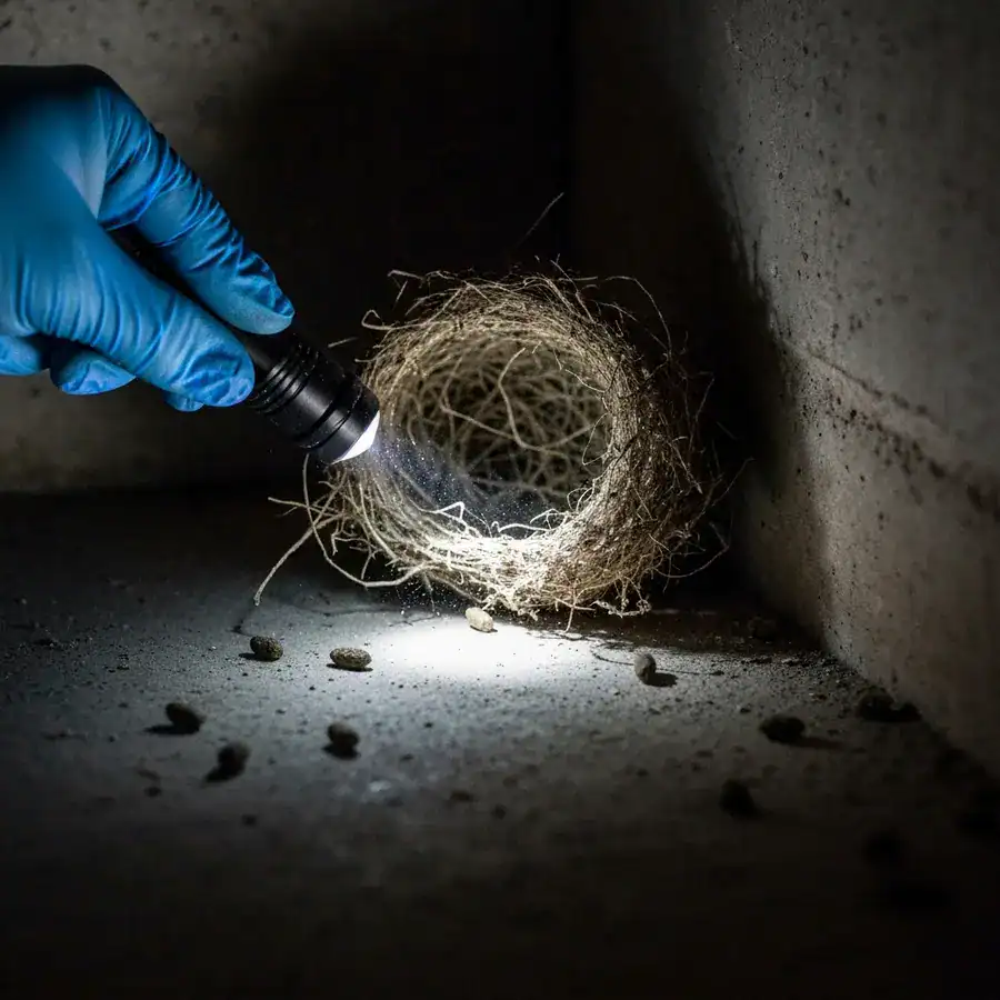 Gloved hand illuminating a dry rodent nest in a dusty, dark basement corner.