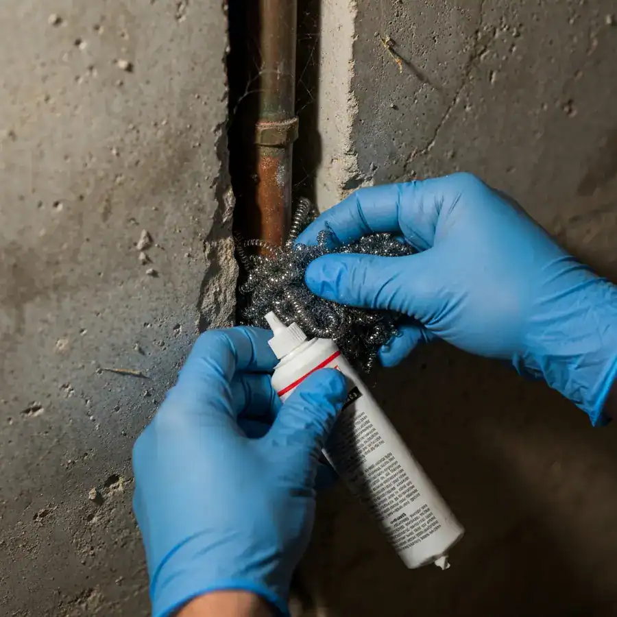 Close-up of gloved hands stuffing steel wool into a narrow gap around a pipe in a concrete basement wall.