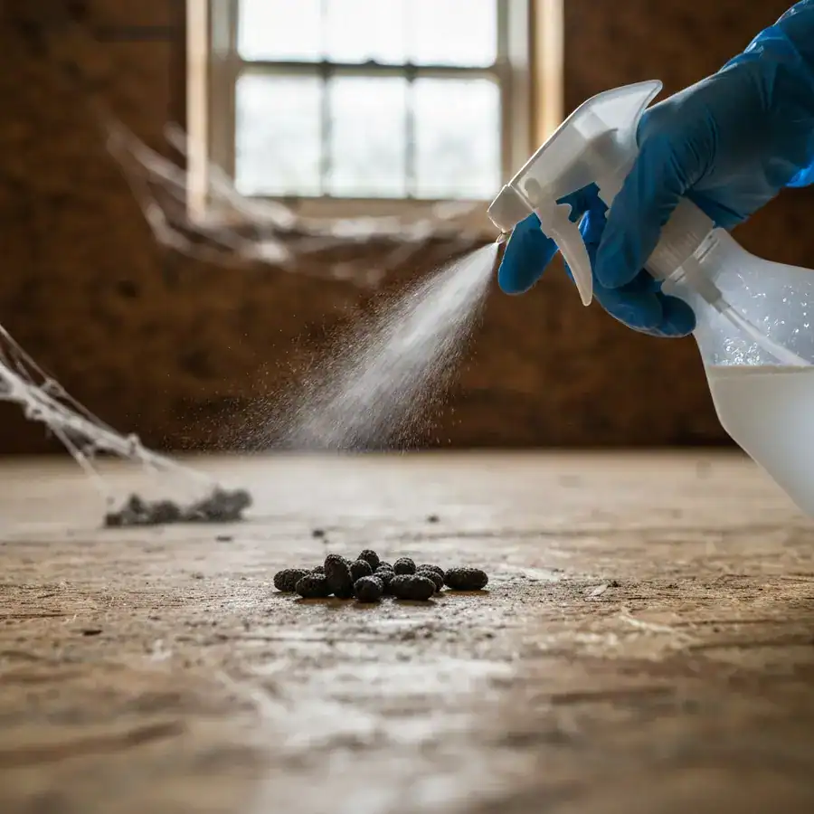 Blue gloved hand spraying bleach solution onto mouse droppings on a dusty, unfinished plywood floor.