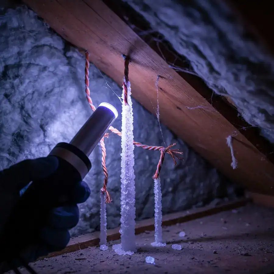 Close-up of a UV light illuminating glowing rodent urine pillars and chewed wires in a dark attic crawlspace.