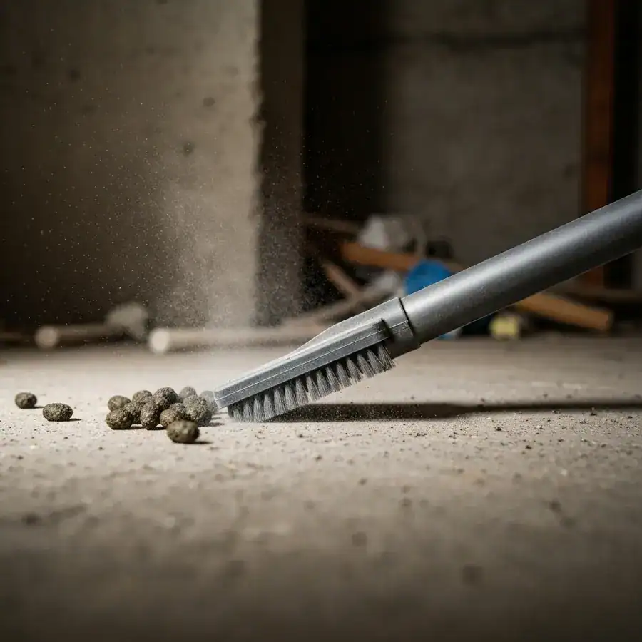 Vacuum nozzle disturbing dry mouse droppings on a dusty basement floor, kicking up a plume of fine particles.