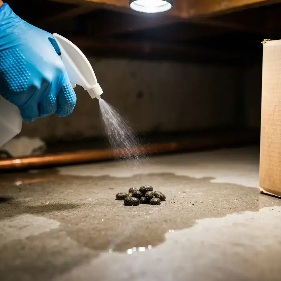 Gloved hand spraying disinfectant on mouse droppings on a grimy concrete floor to saturate the waste.