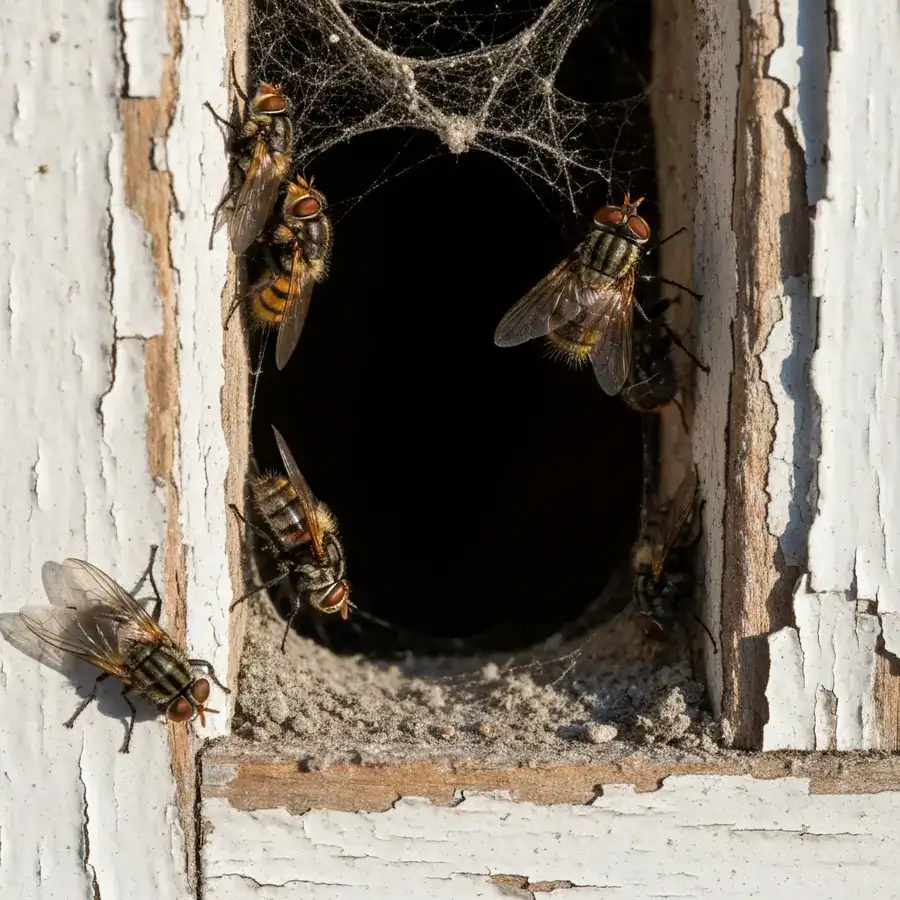 Close-up of sluggish cluster flies huddling in a dusty, weathered attic window frame during winter.