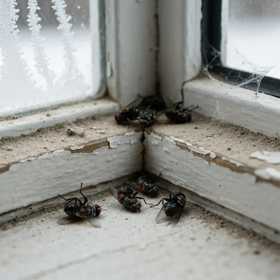 Close-up of dead cluster flies scattered across a dusty, weathered white wooden windowsill in cold winter light.