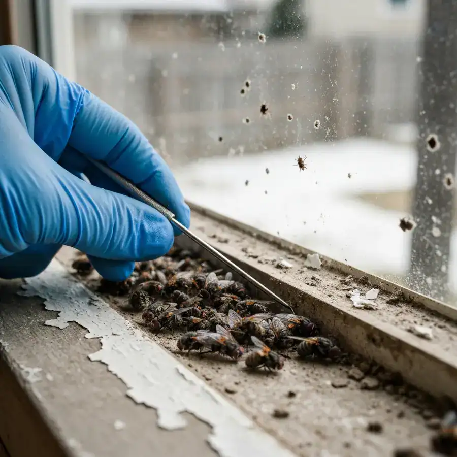 Gloved hand pointing to a pile of dead cluster flies in a dusty window track during a home inspection.