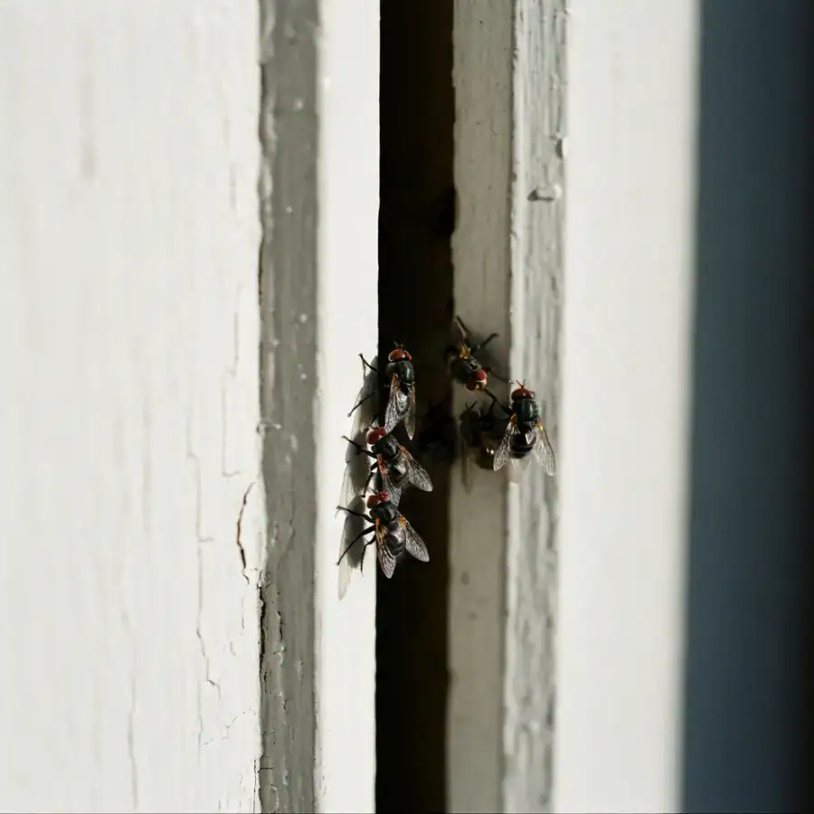 Cluster flies squeezing through a vintage sash window cord pulley on a weathered wooden frame in winter.