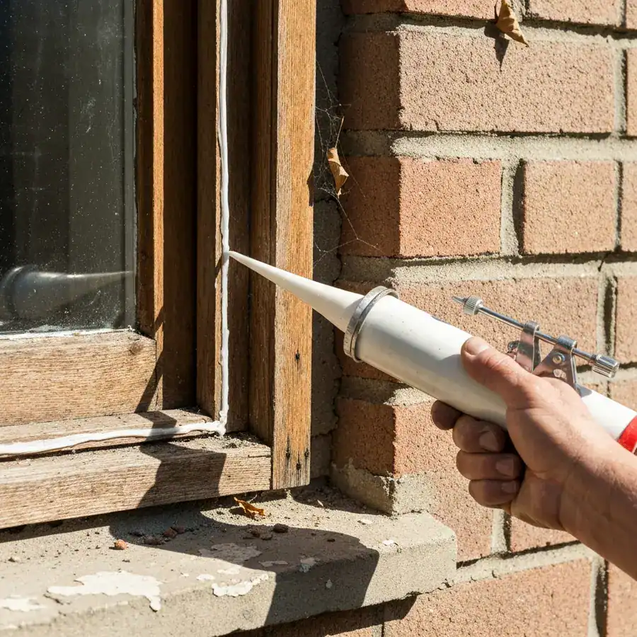 Close-up of a caulking gun sealing a cracked window frame on a weathered brick home exterior to block pests.