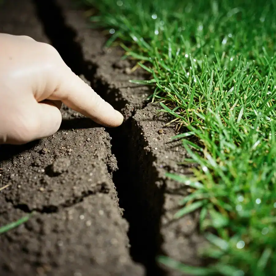 Gloved hand pointing to a deep crack in moist garden soil near earthworm castings and green lawn.