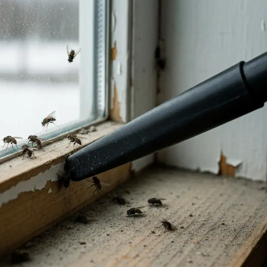 Close-up of a vacuum nozzle removing cluster flies from a dusty window track in a cold winter home interior.