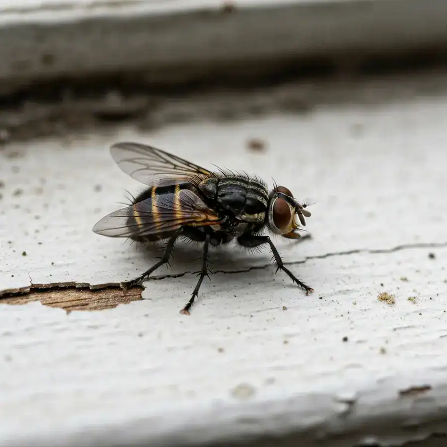 Macro of a cluster fly with golden thorax hairs on a dusty window sill with peeling white paint.