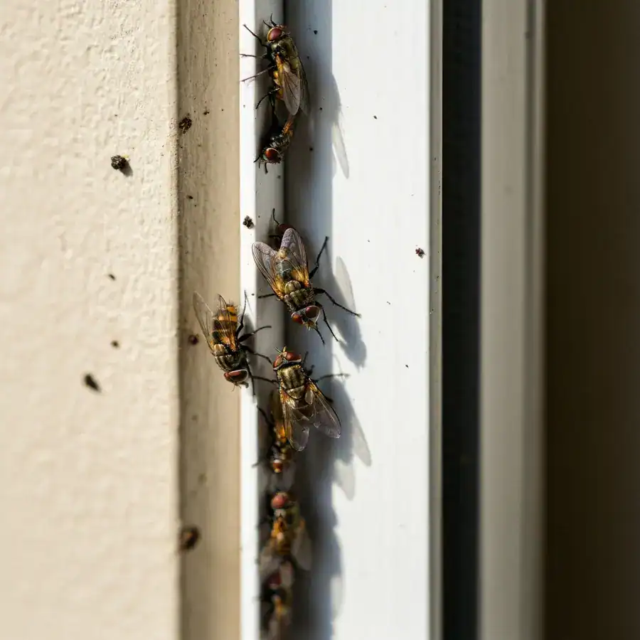 Cluster flies with folded wings huddled in a dusty window track next to dark excrement spots on the wallpaper.