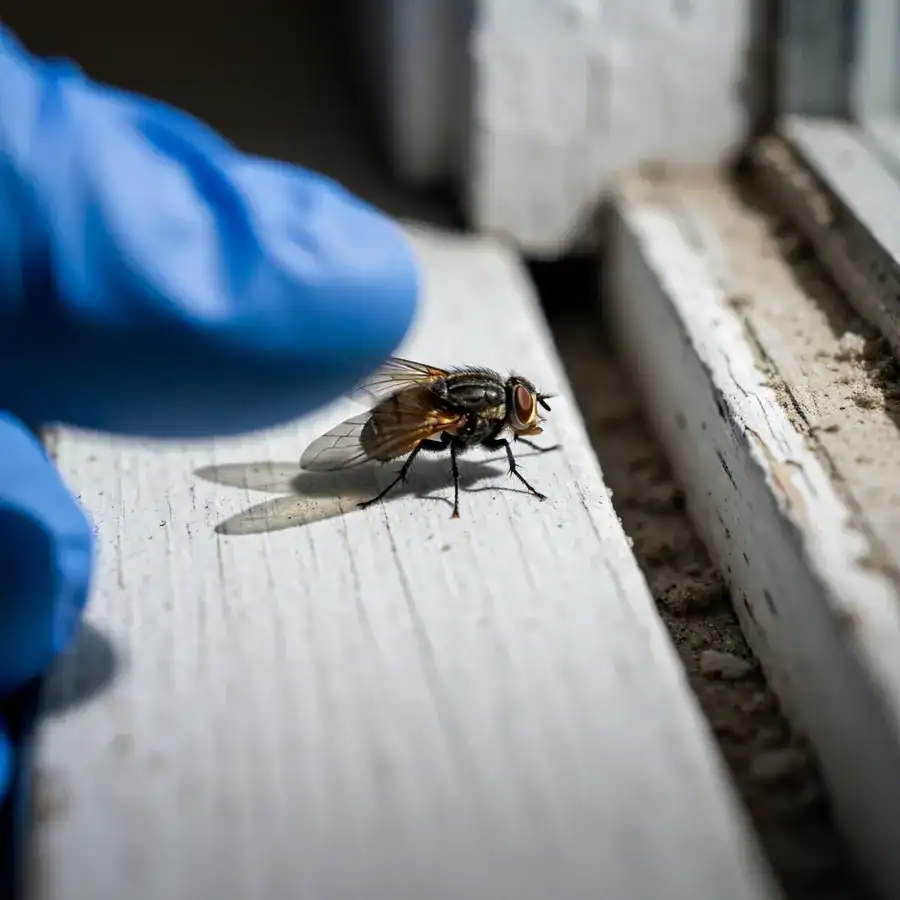 Cluster fly with overlapped wings resting on a weathered wooden window sill during a professional home inspection.
