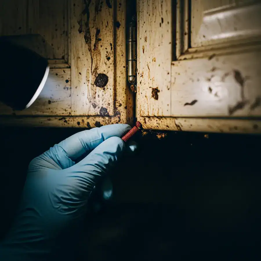 Close-up of bait being applied onto stained cabinet. Unsanitary apartment kitchen.