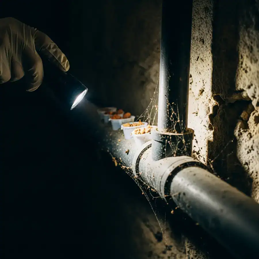 Close-up of bait stations. Technician inspecting for cockroach activity. Dusty basement with cobwebs.