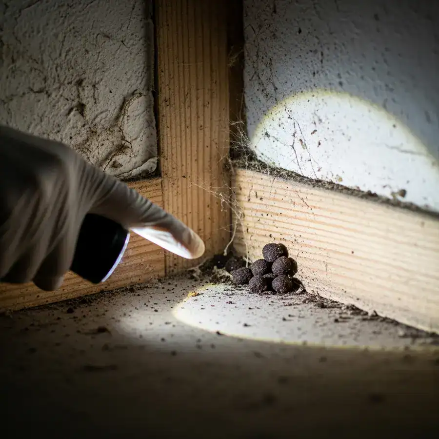 Close-up of droppings; technician inspects suspected cockroach infestation in a dusty basement corner with flashlight.