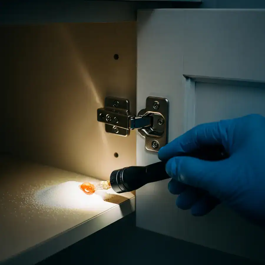 Close-up of gel bait being applied inside a cluttered cabinet. Flashlight shines, illuminating the dark, dusty environment.