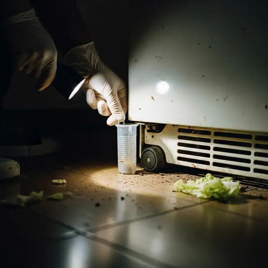 Close-up of bait station being adjusted behind a refrigerator; food crumbs and dust visible on the floor.