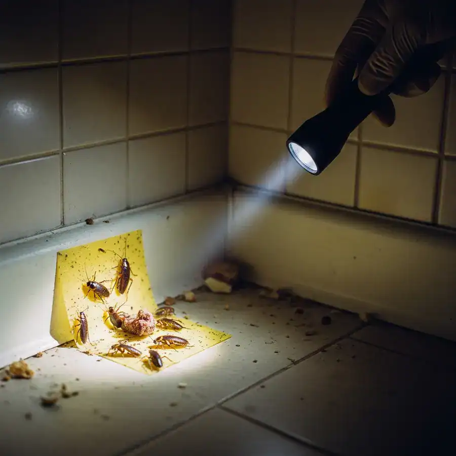 Close-up of sticky trap illuminated, catching roaches in messy kitchen corner. Evidence of infestation, sanitation needed.