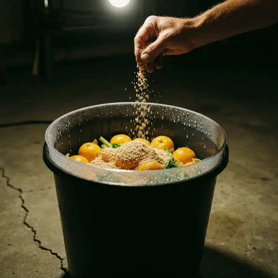 Hands sprinkling inoculated bran over food scraps inside a dark fermentation bucket in a dim basement.
