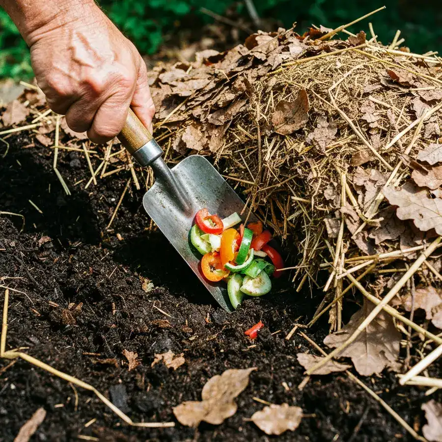 Hand using a trowel to bury food scraps deep under a thick layer of brown leaves in a dark, textured compost bin.