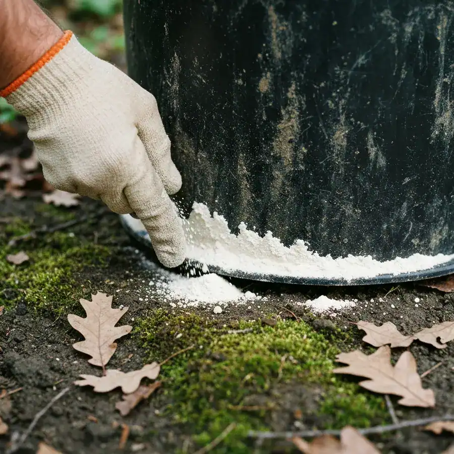 Gloved hand sprinkling a white diatomaceous earth barrier around the base of a dark, weathered compost bin.