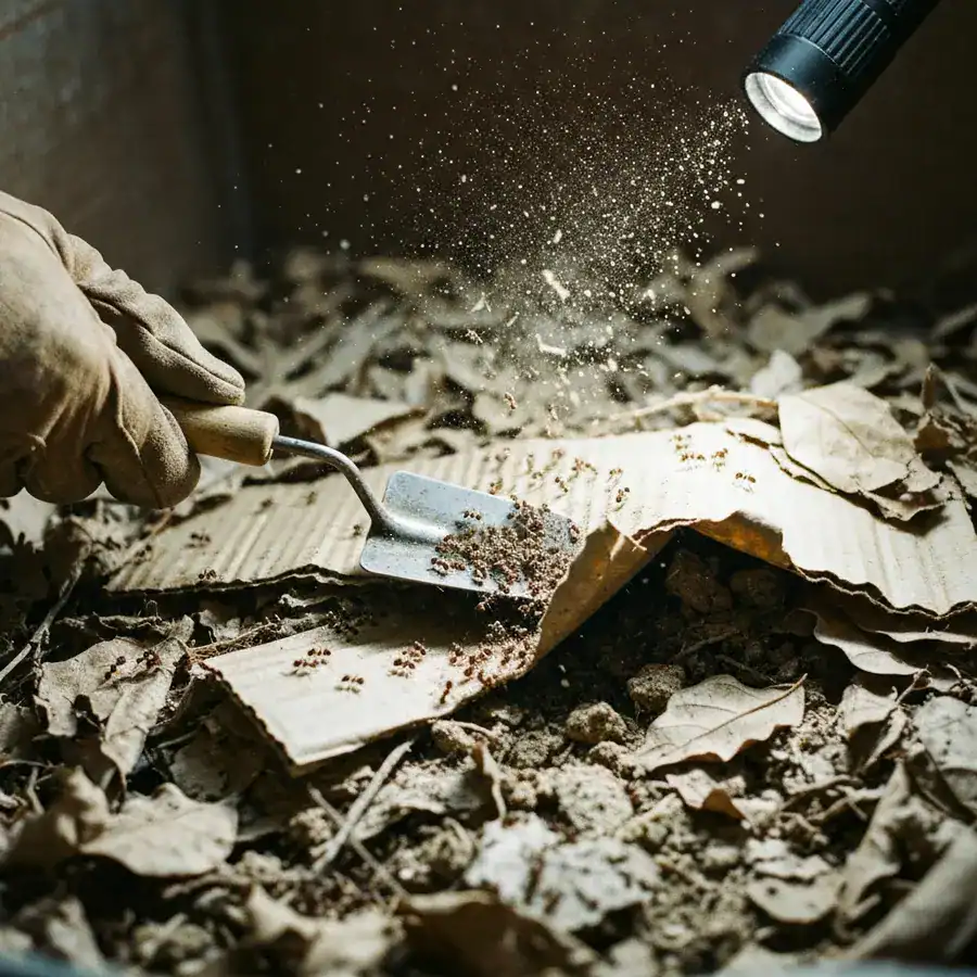 Gloved hand lifting dry compost to reveal an ant colony nesting in brittle cardboard and leaves.