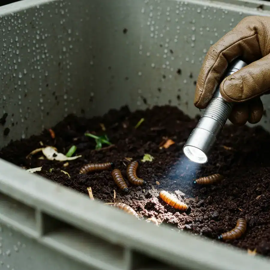 Gloved hand illuminating segmented soldier fly larvae with a flashlight inside a dark, damp organic compost bin.