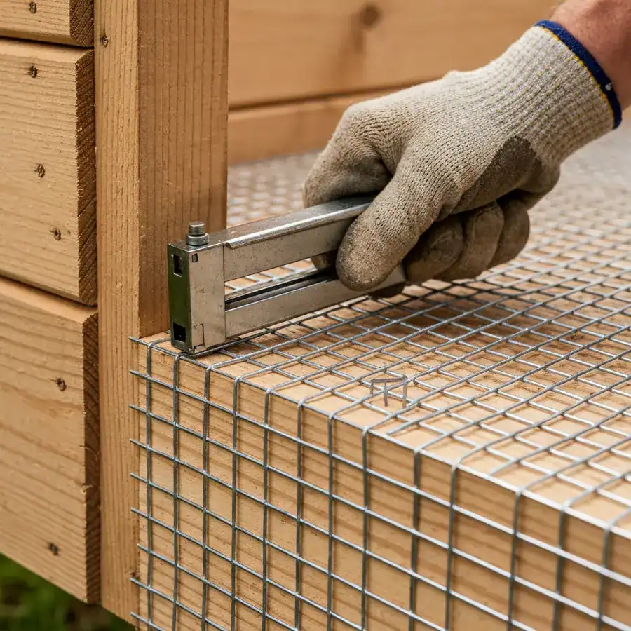 Gloved hand stapling galvanized hardware cloth to the base of a wooden compost bin to prevent rodent entry.