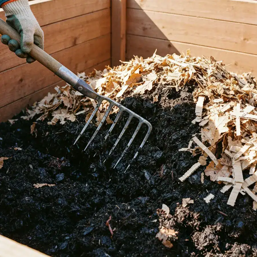 Close-up of a steel pitchfork turning a damp, dark compost pile with dry leaves inside a wooden garden bin.