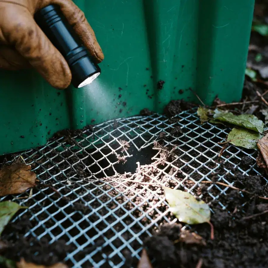 Gloved hand pointing a flashlight at a gnawed hole in a wire-mesh compost bin base in a damp garden.