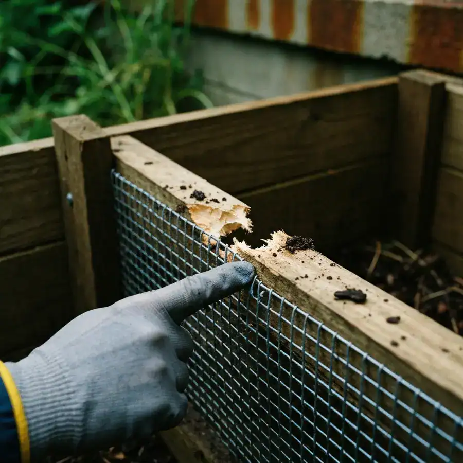 Close-up of a gloved hand pointing to rodent gnaw marks on a compost bin frame next to protective steel mesh.