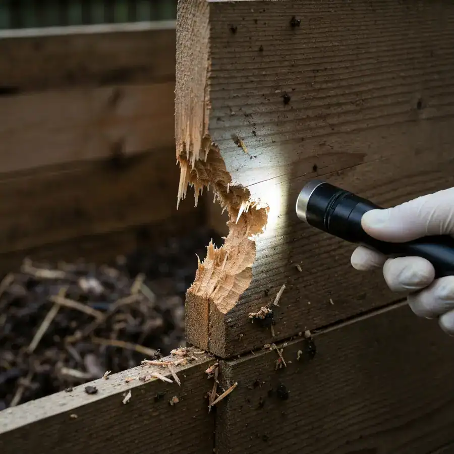 Close-up of rodent gnaw marks on a cedar compost bin inspected by a flashlight in a dark garden.