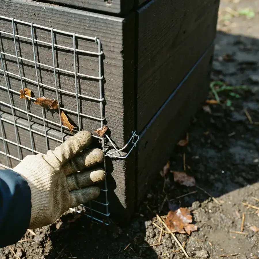 Gloved hand checking a 1/4-inch steel mesh barrier for gaps on a wooden compost bin to prevent rodent entry.