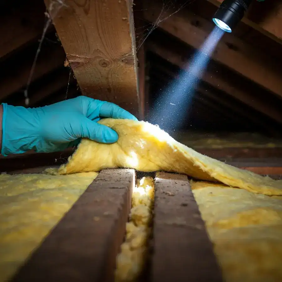 Nitrile-gloved hand lifting fiberglass insulation in a dark attic to inspect a crevice under a flashlight beam.
